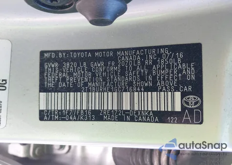 2016 Toyota Corolla Le z USA, uszkodzony, nr VIN 2T1BURHE1GC716844